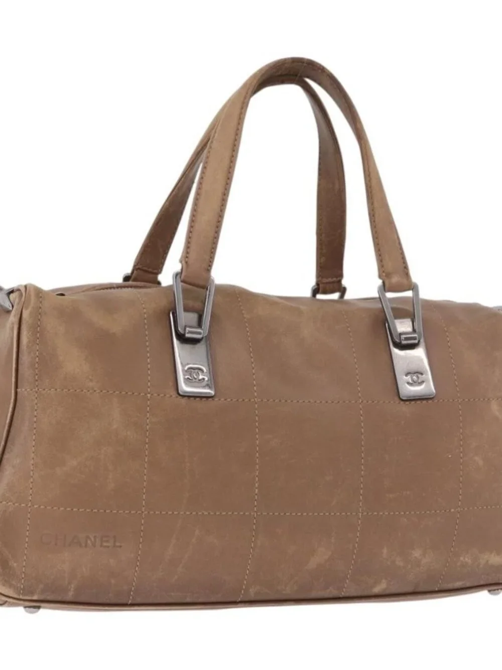 CHANEL Choco Bar Hand Bag Lamb Skin Brown Silver CC Auth 183856